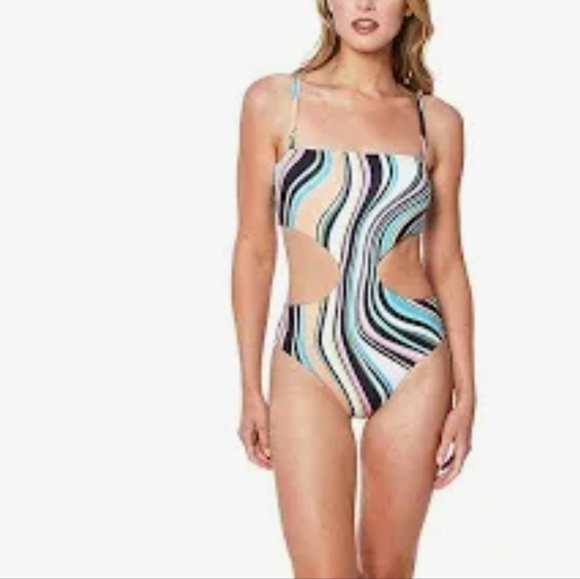 NWT Sanctuary Women Cut Out Side Striped one piece swim sz S